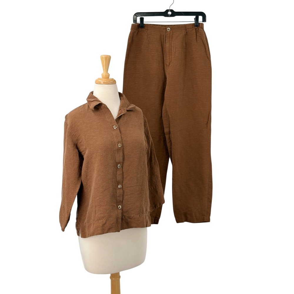 Chico's Design 2 Pc Set Brown Silk Linen Button Up Shirt/Pants Size 1/Medium